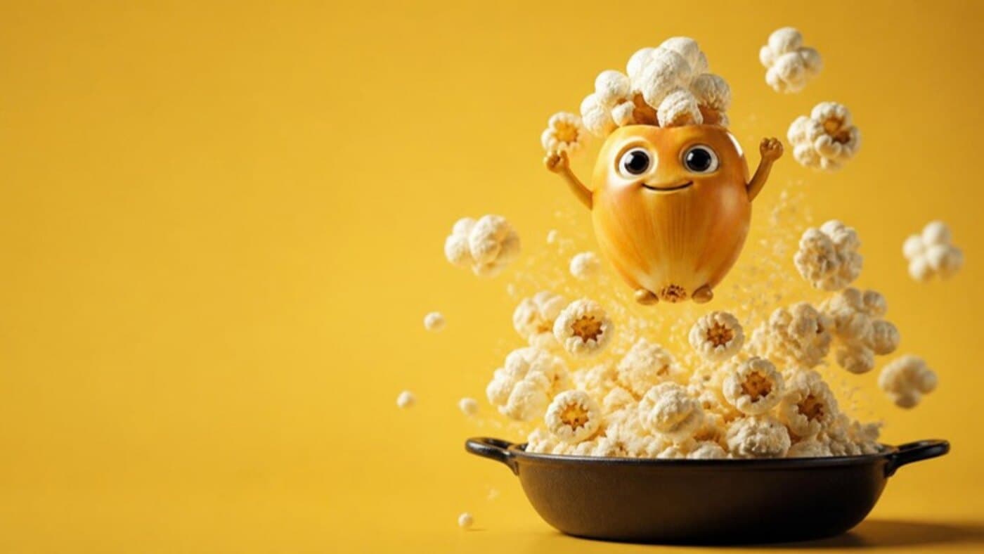 Kern, a golden popcorn kernel, leaping out of a pan of fresh popcorn